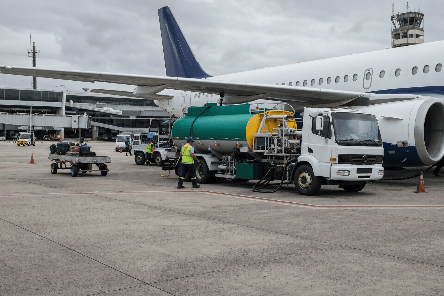 Fuel truck servicing a passenger aircraft on an airport apron