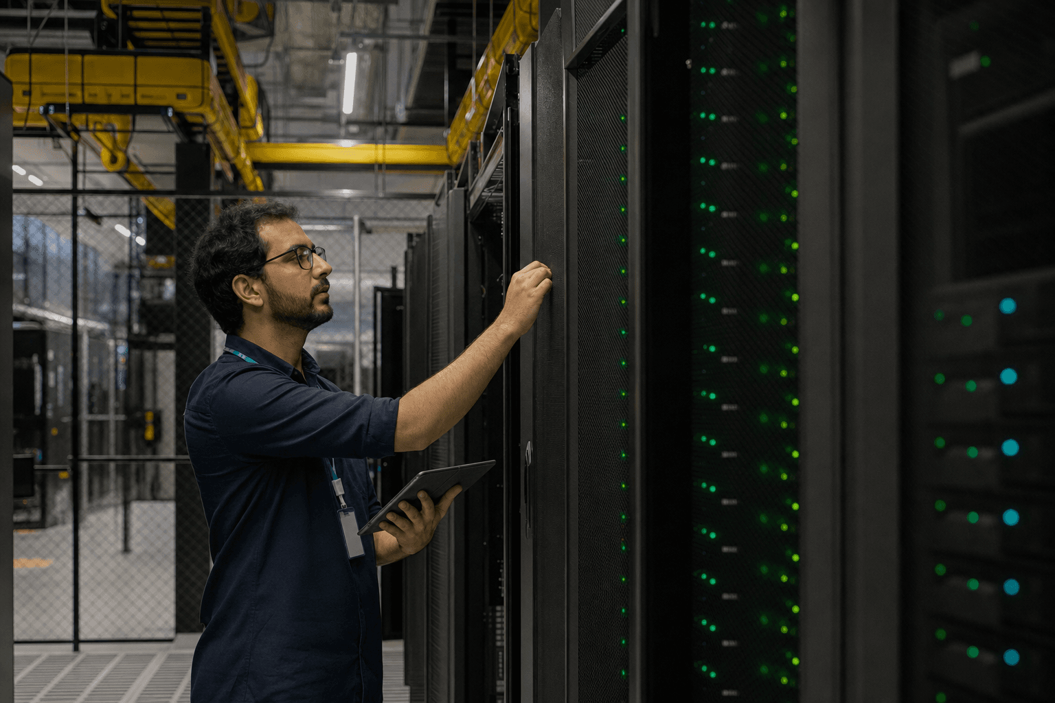 Technician walking between server racks inside a data center facility