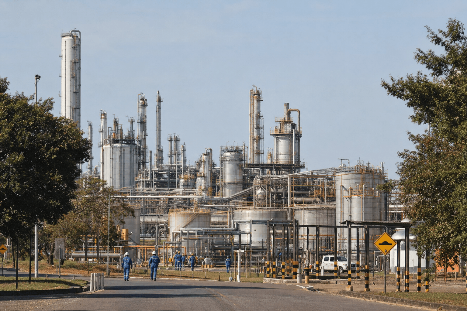 Petrochemical plant with pipes, tanks and industrial processing units