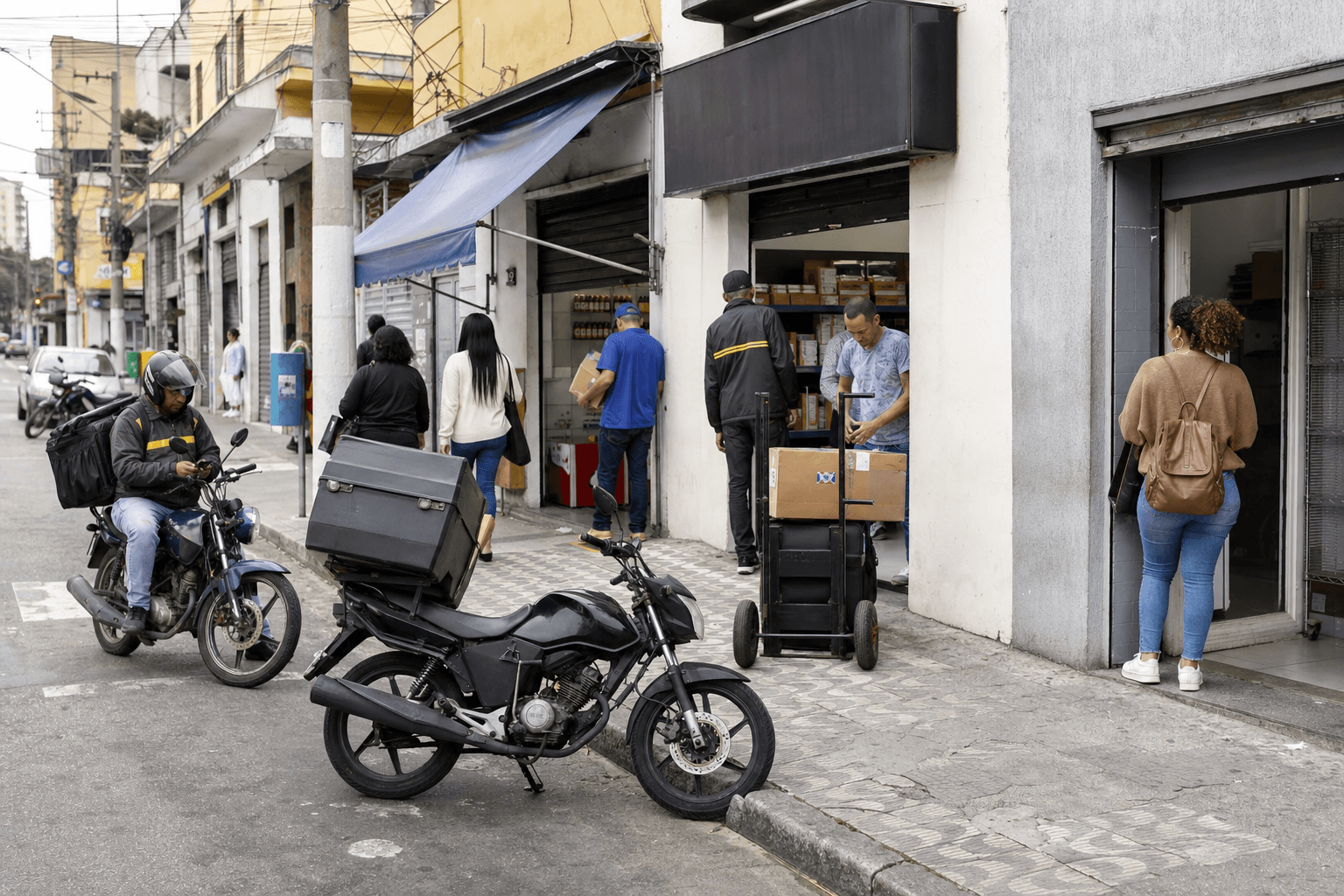 Customers and delivery workers on a Brazilian commercial street
