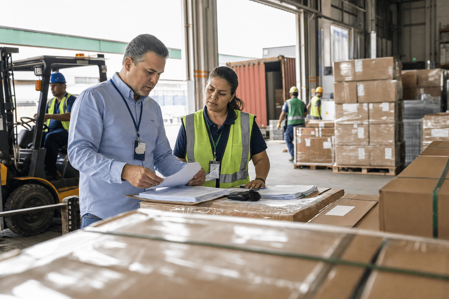 Customs broker reviewing export documents beside pallets of manufactured goods in a warehouse