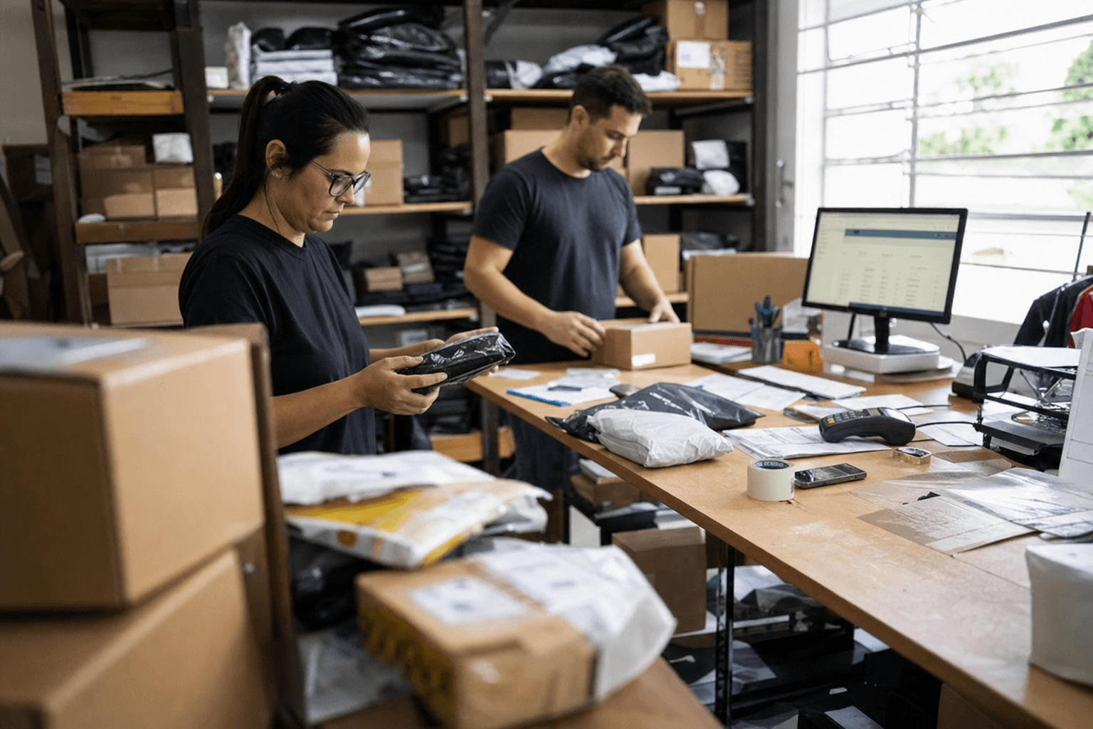 Small business staff preparing online orders beside a computer and parcels
