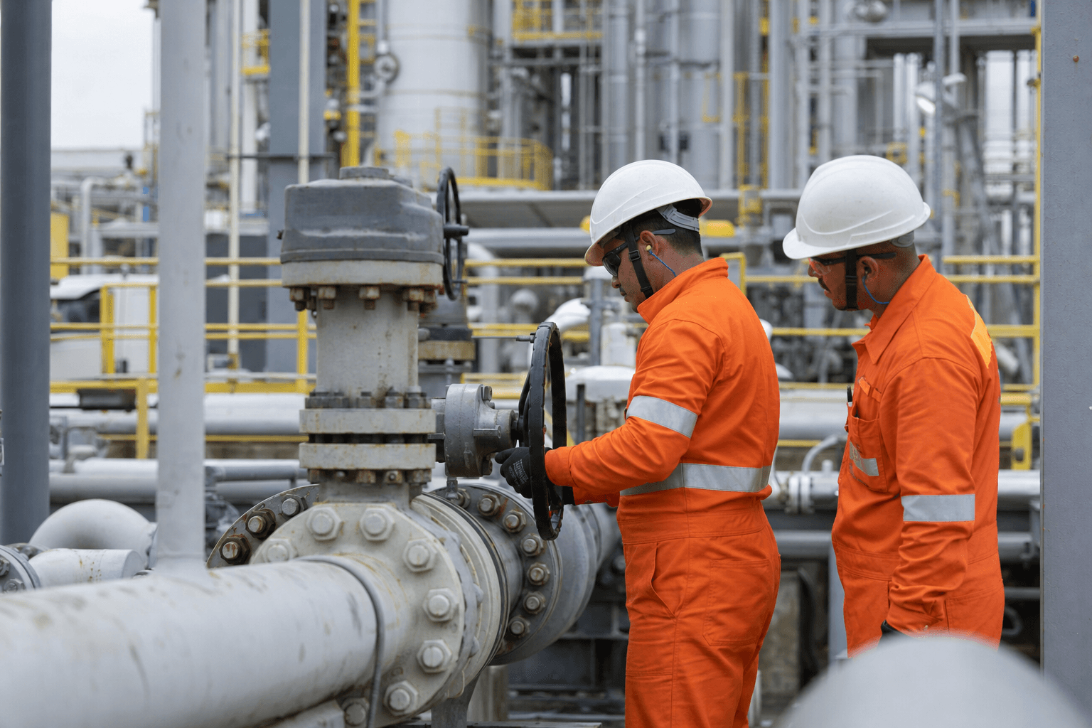 Natural gas processing infrastructure with pipes and industrial equipment in Brazil