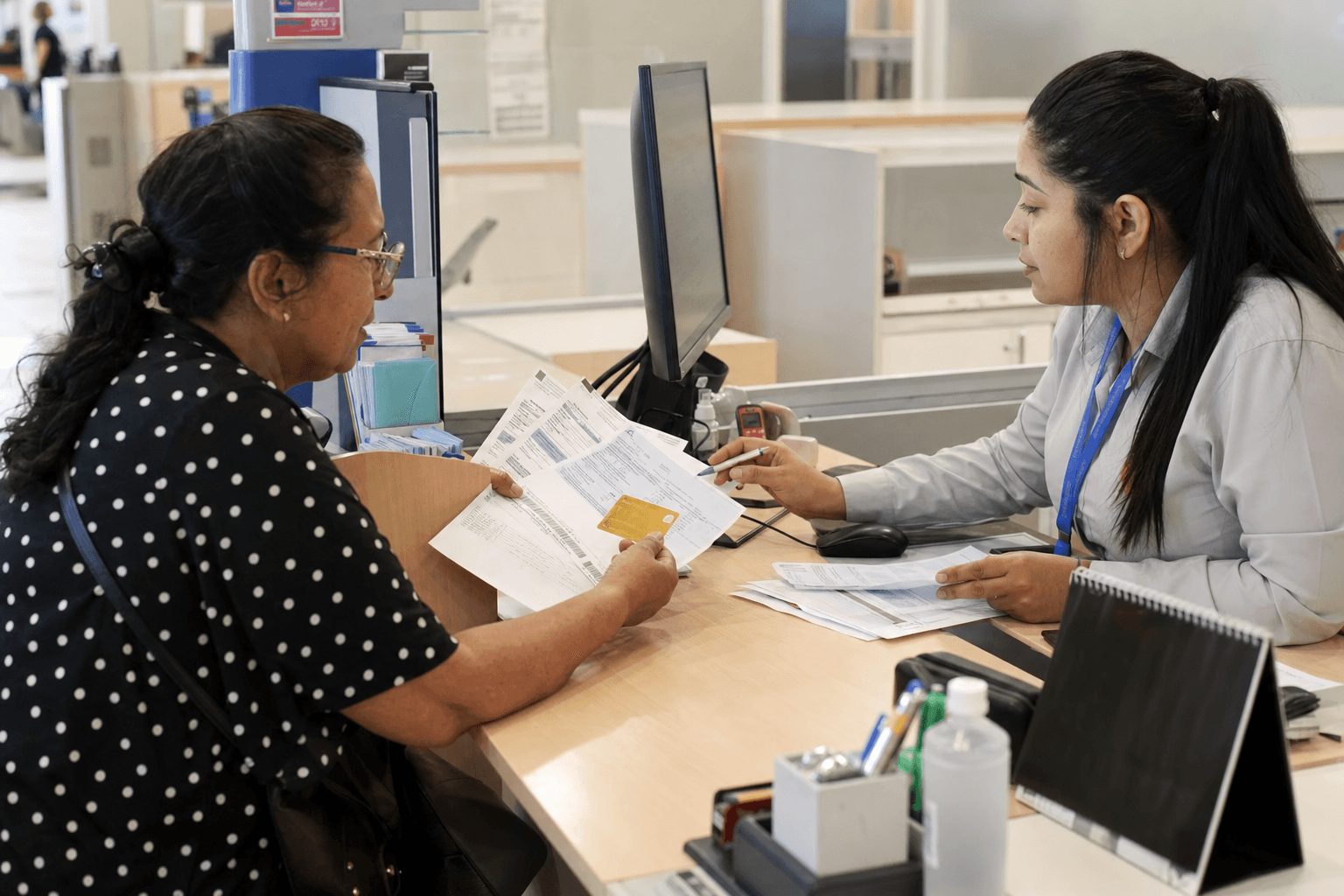 Customer reviewing credit card bills and payment receipts at a bank service desk