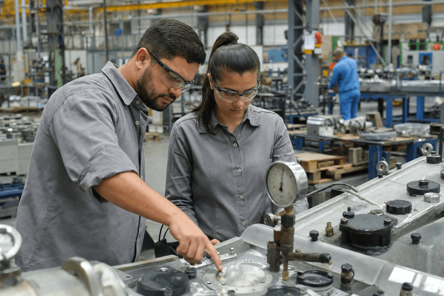Industrial machinery assembly area with equipment parts being inspected