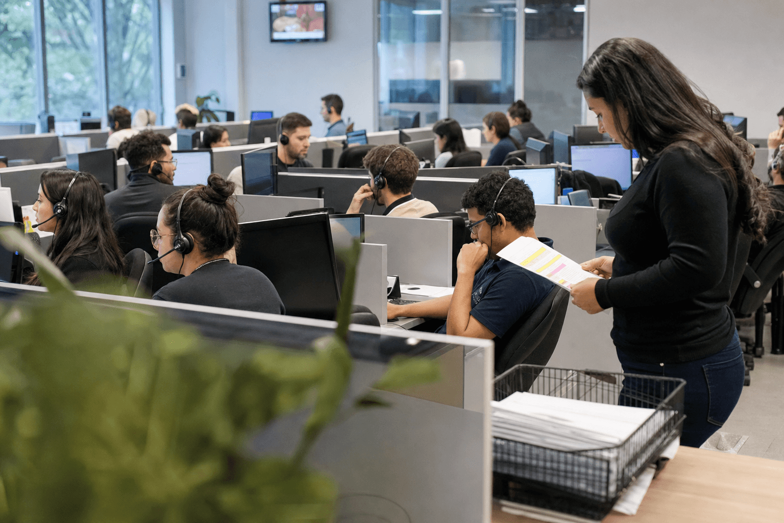 Call centre employees working at desks as a supervisor reviews shift schedules