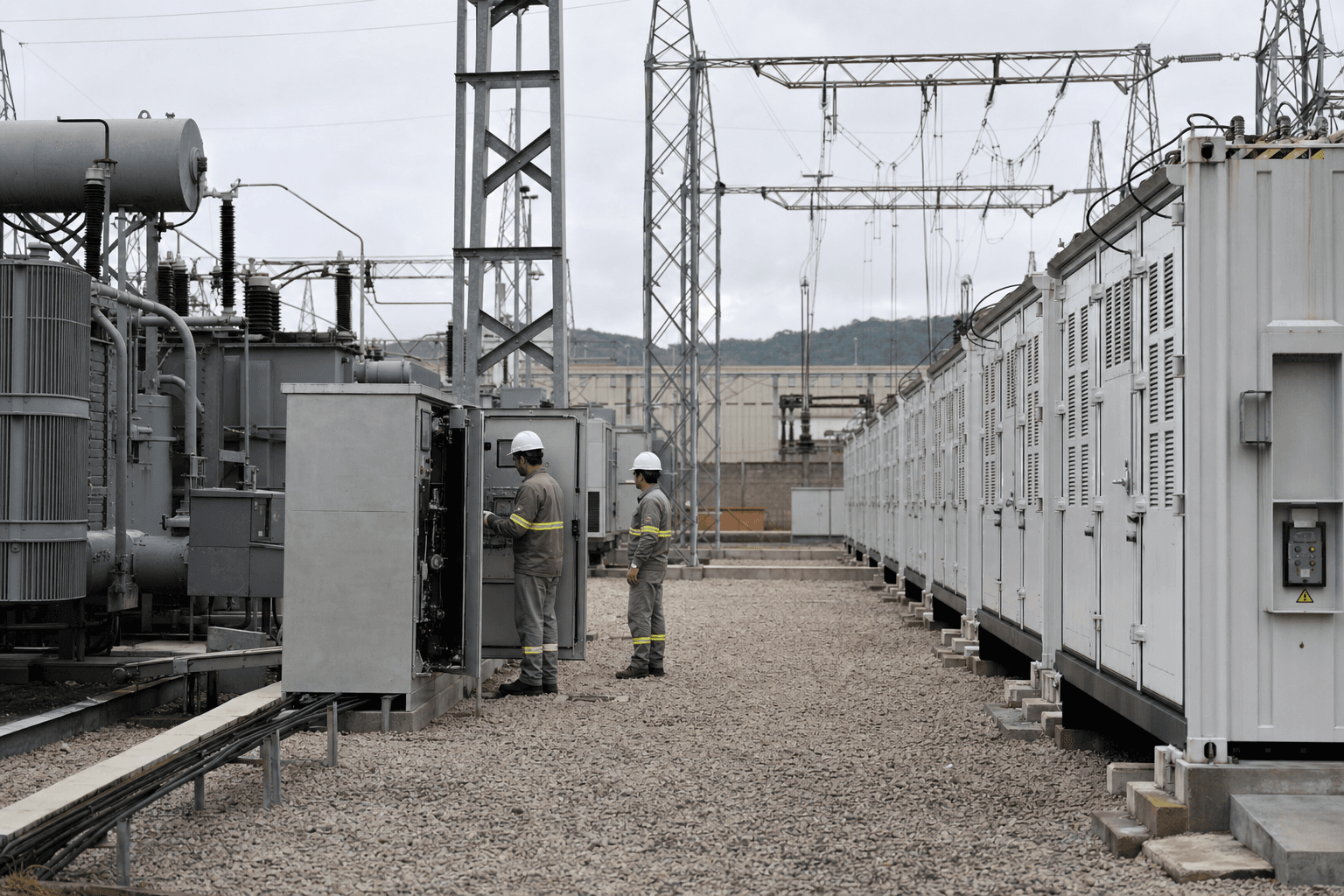 Utility scale battery storage units beside an electrical substation