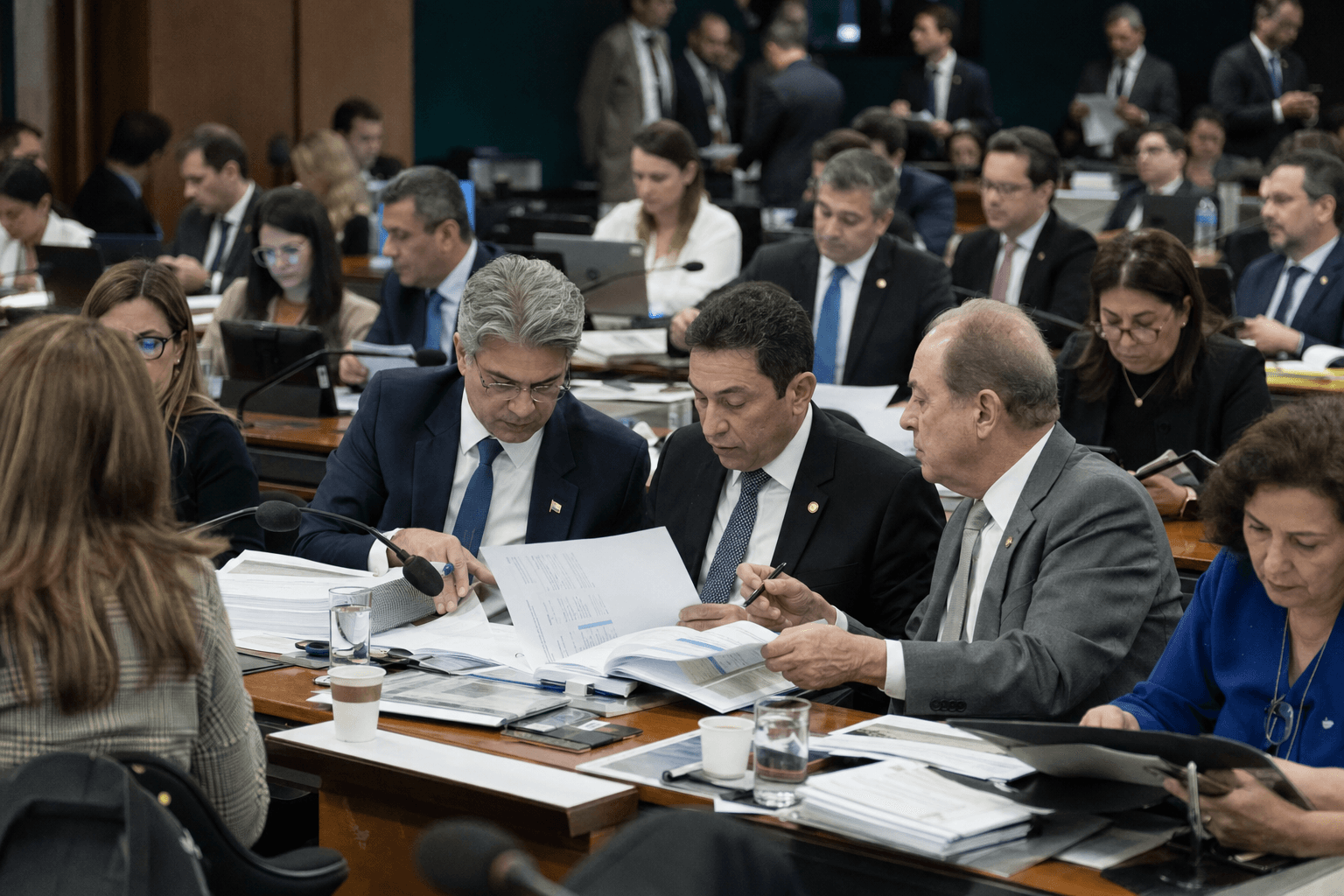 Brazilian lawmakers reviewing federal budget documents in a congressional committee room