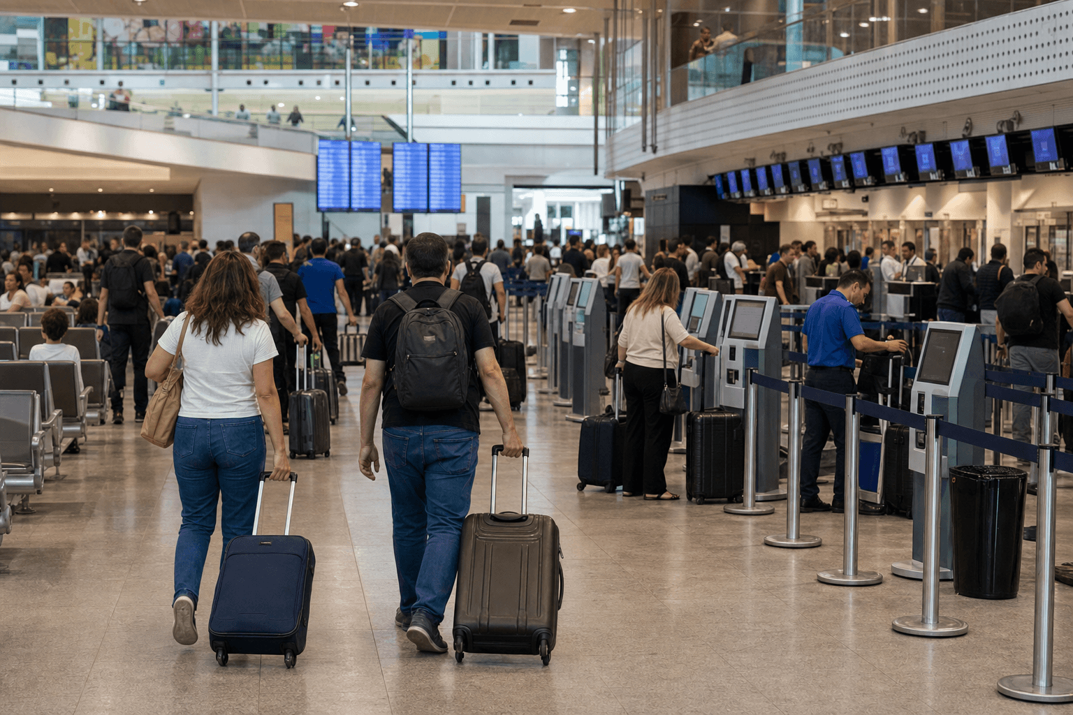 Passengers moving through a busy Brazilian airport departure terminal