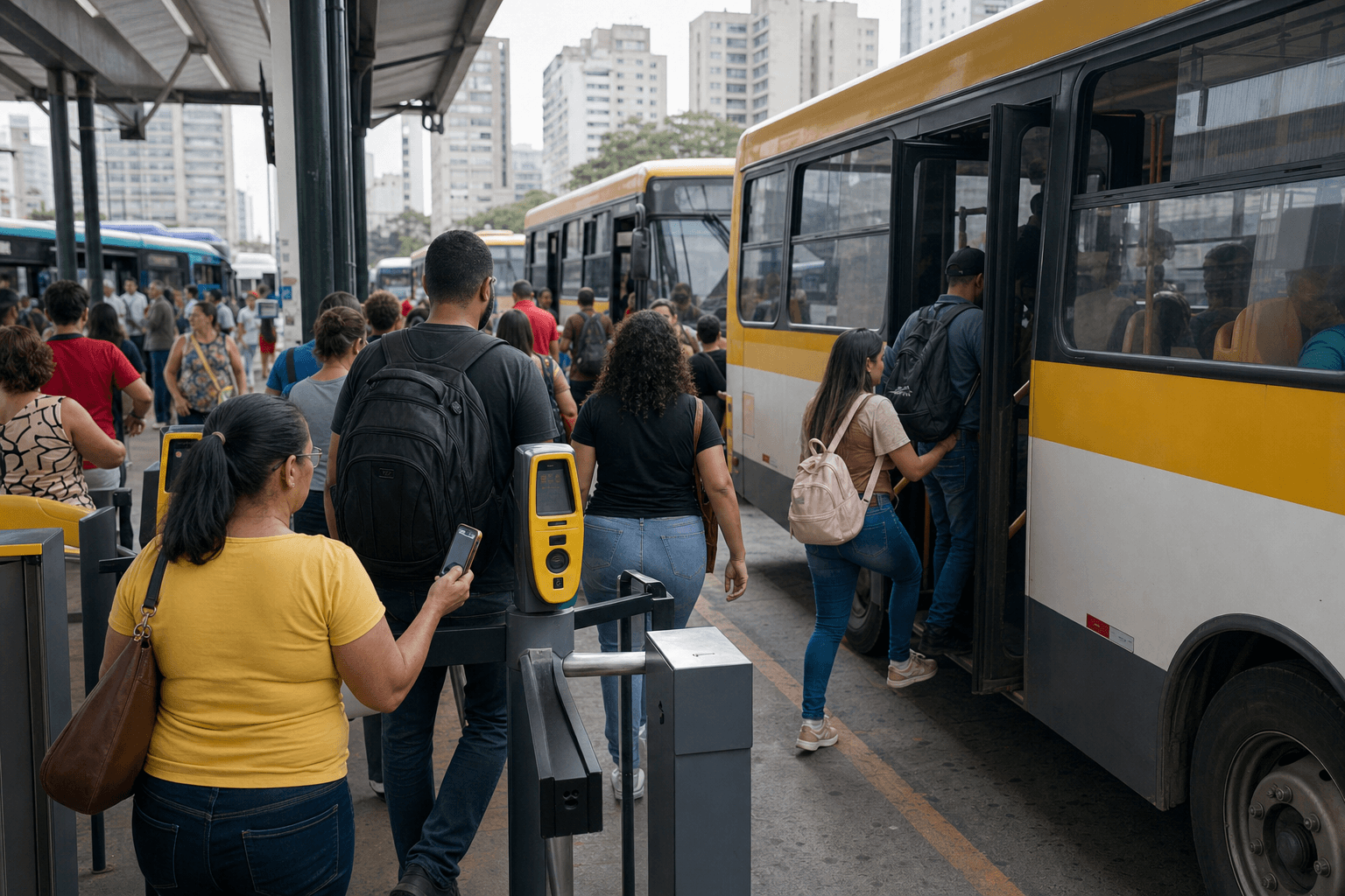 Commuters boarding buses at an urban transit terminal in Brazil