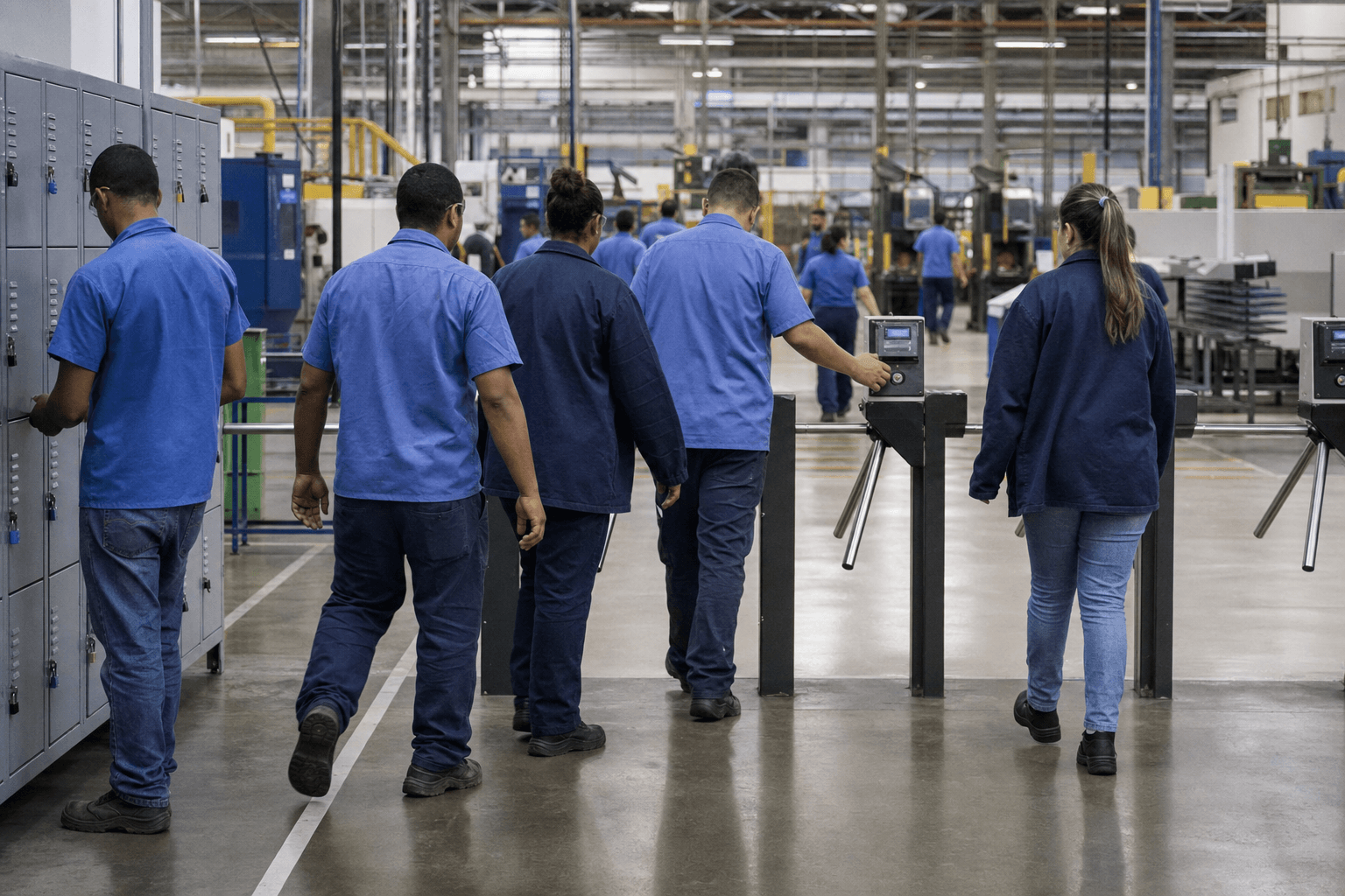 Workers entering a Brazilian factory at the start of a shift