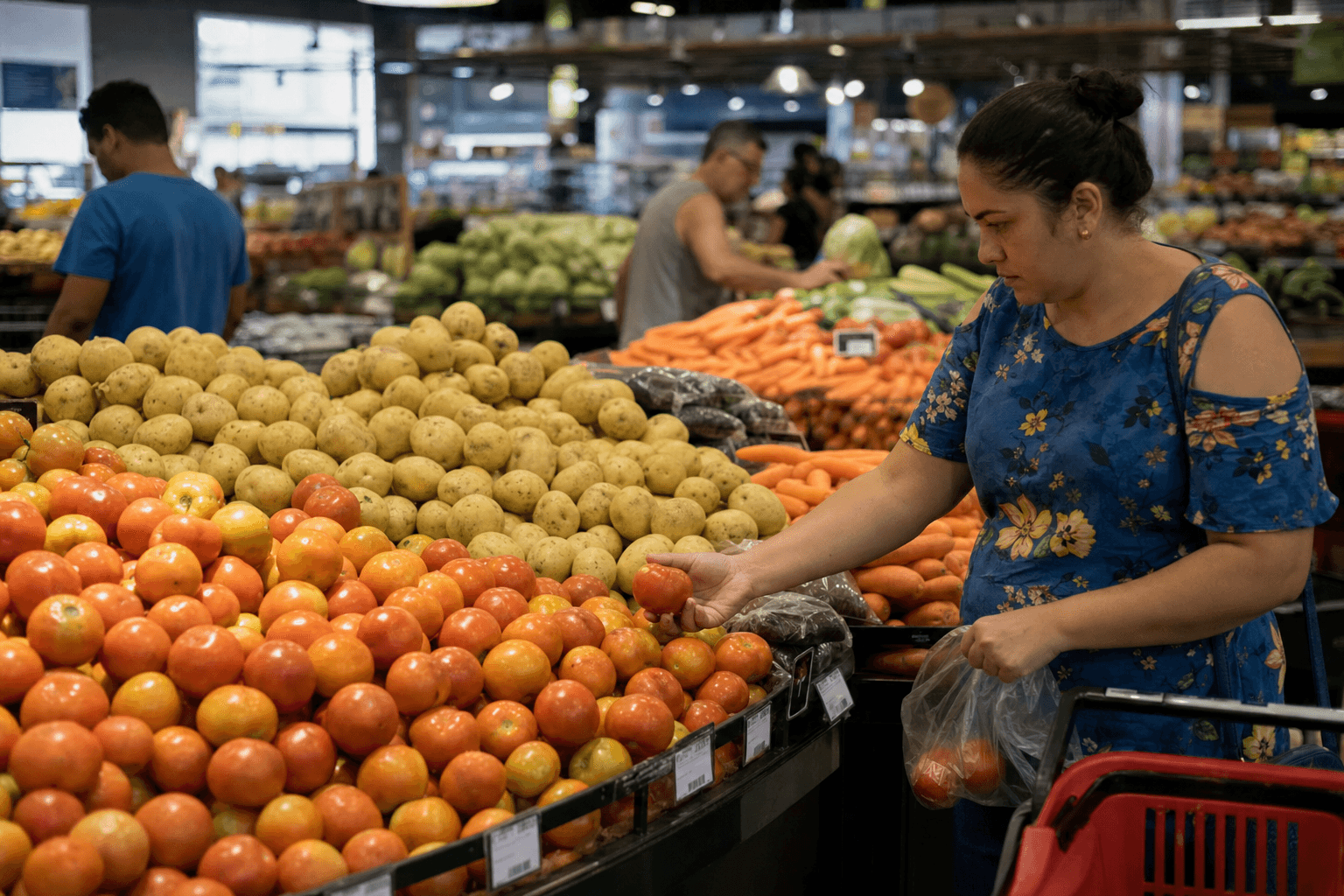 Shopper selecting vegetables in a Brazilian supermarket produce aisle