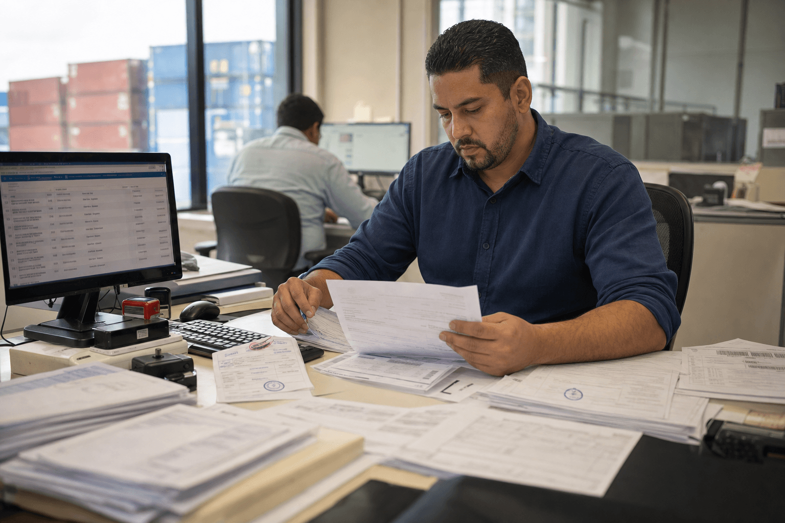 Customs documents and cargo paperwork being reviewed for Brazilian foreign trade