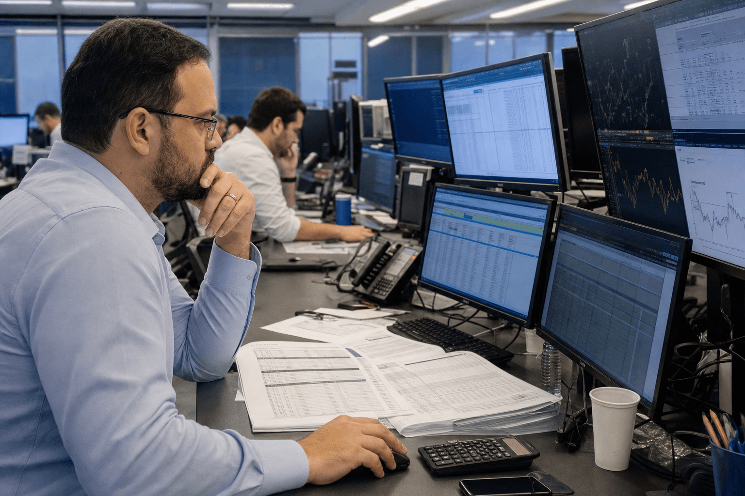 Financial analysts reviewing Brazilian government bond market data in an office