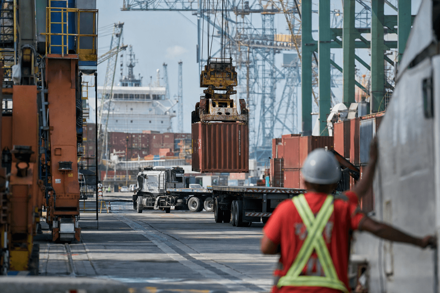 Container cranes and stacked cargo at a Brazilian port terminal
