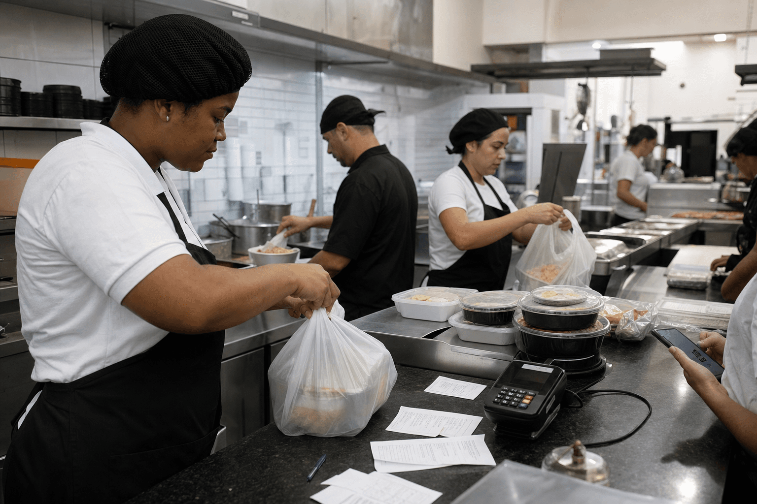 Restaurant staff preparing catering orders in a Brazilian services business