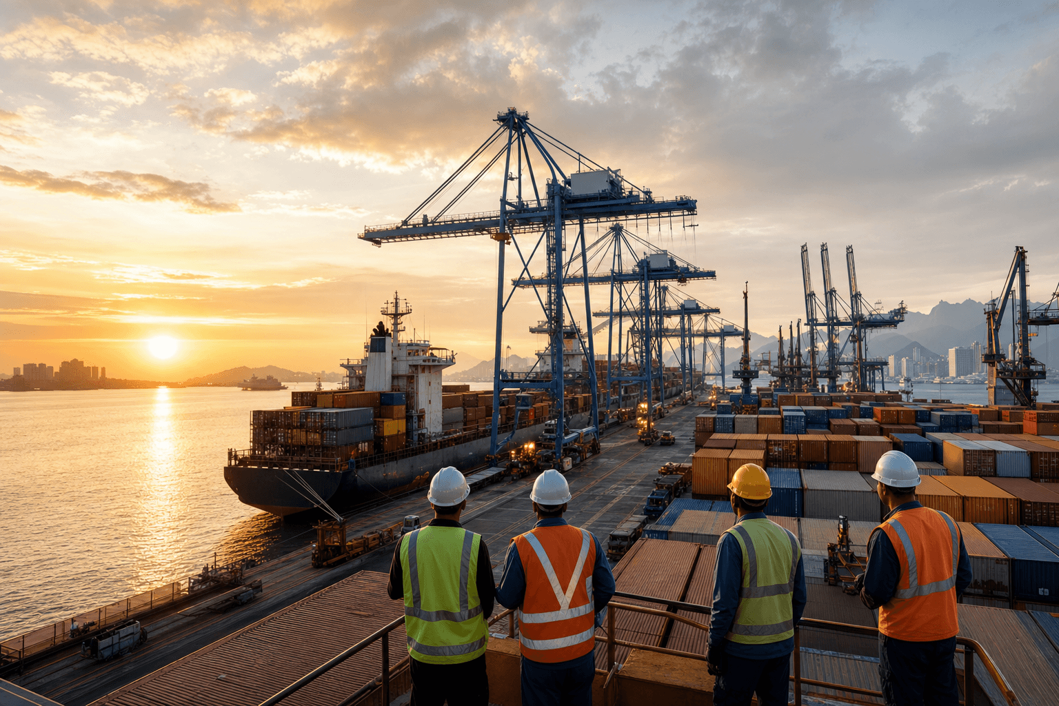 Container port with cargo cranes and Brazilian export containers being prepared for shipment