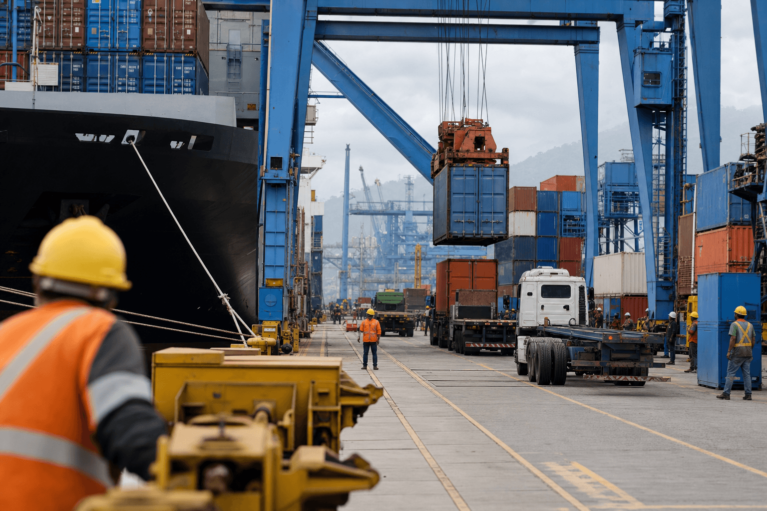 Cargo containers and cranes at a Brazilian port handling export shipments