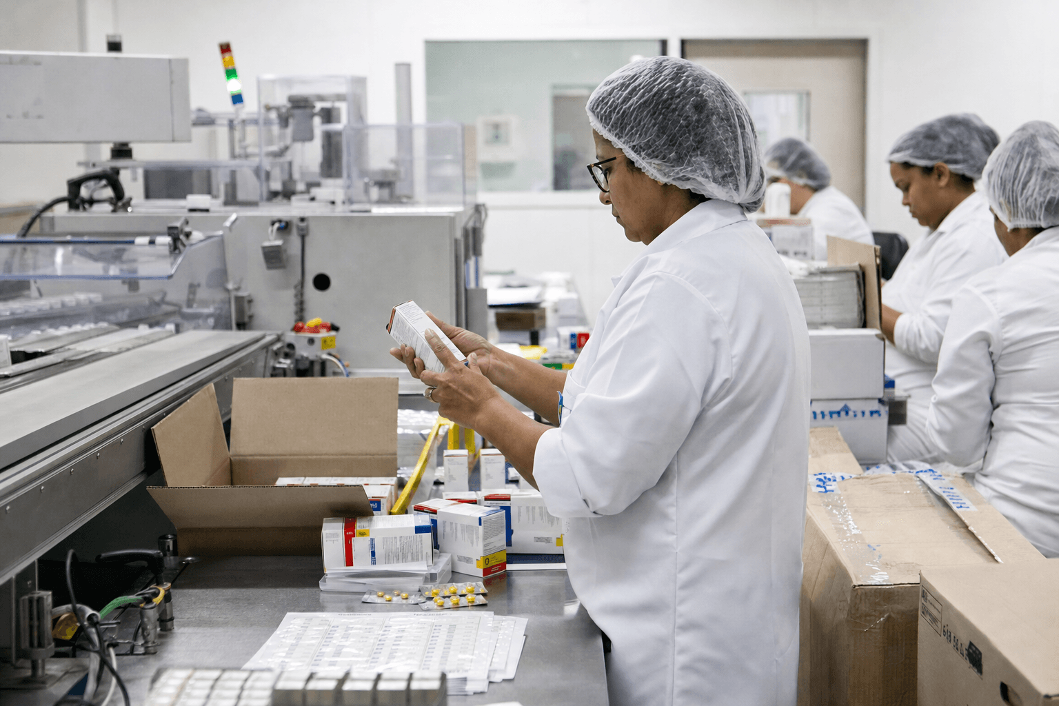 Technicians inspect packaged medicines at a pharmaceutical production line in Brazil