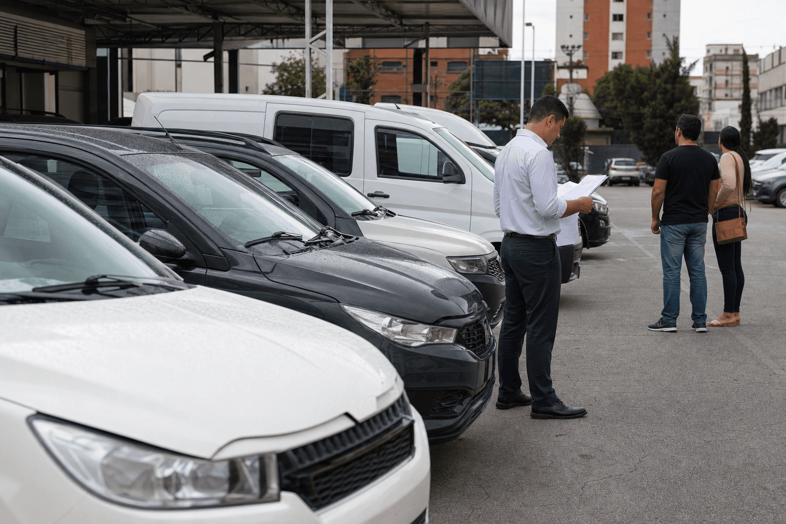 New vehicles lined up at a Brazilian dealership lot