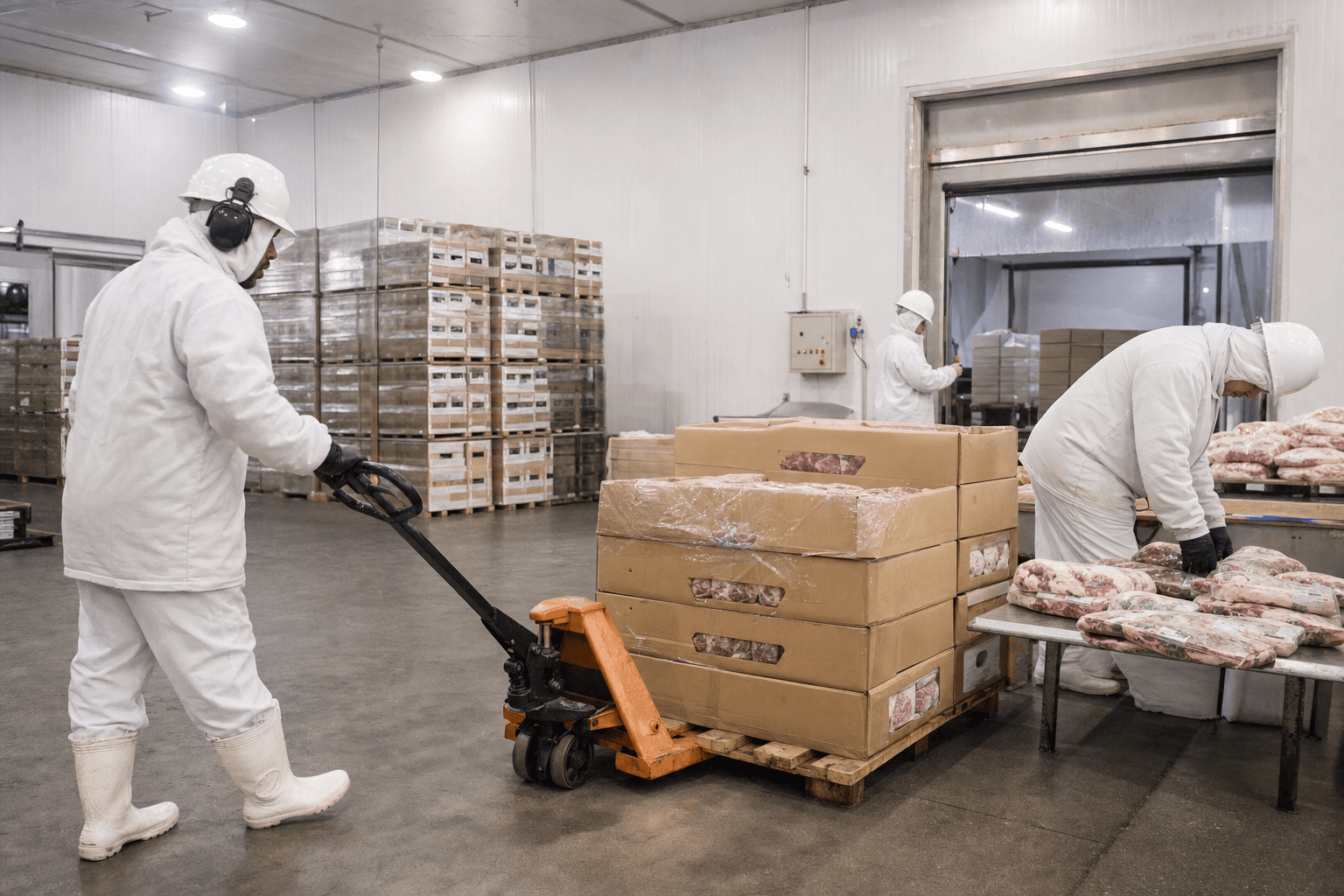 Workers handle boxed beef in a refrigerated export warehouse in Brazil