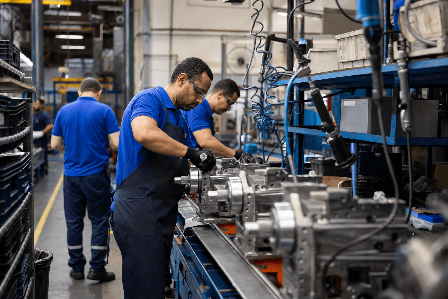 Workers on a Brazilian factory floor assembling industrial components