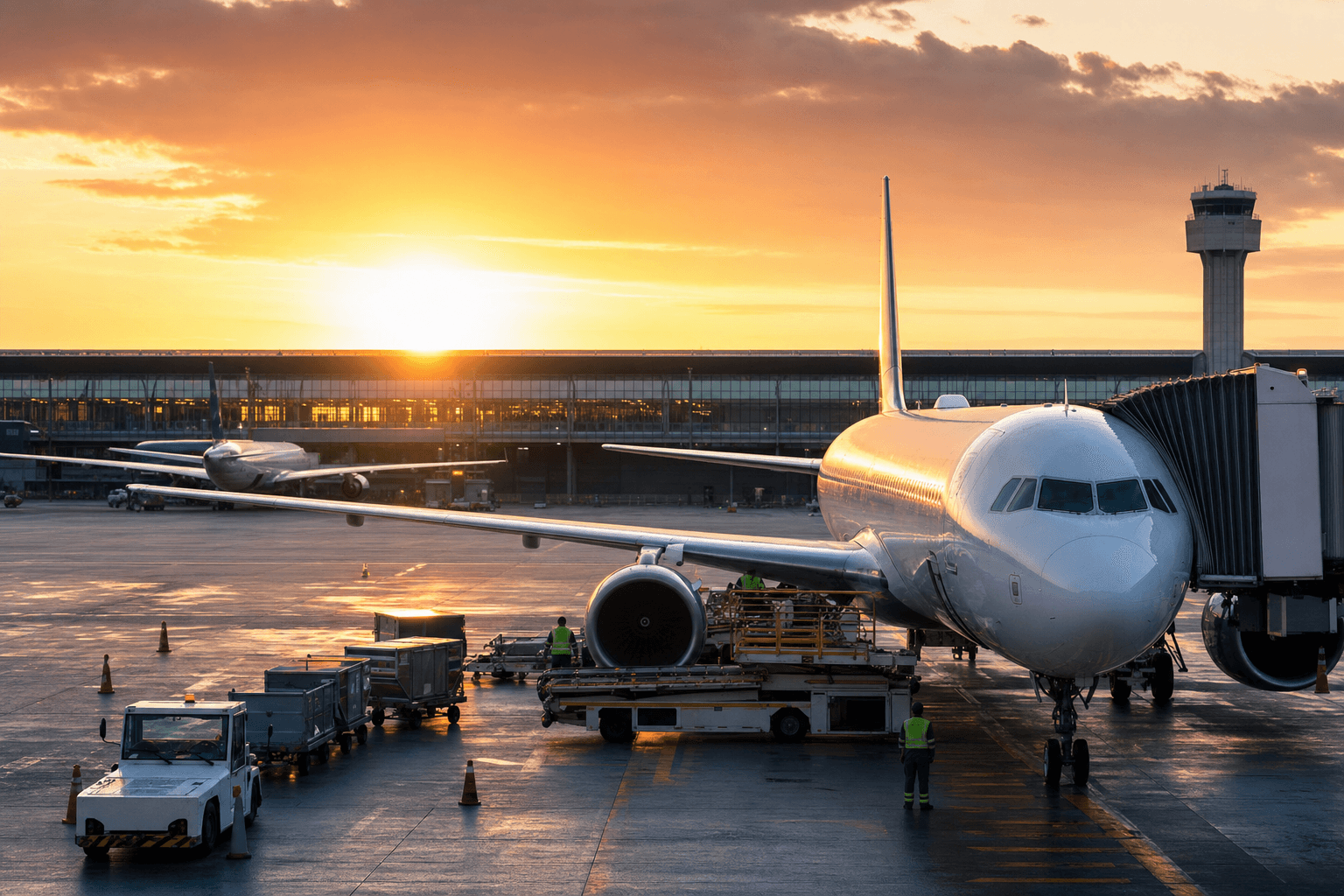 Passenger aircraft on an airport apron in Brazil at sunset