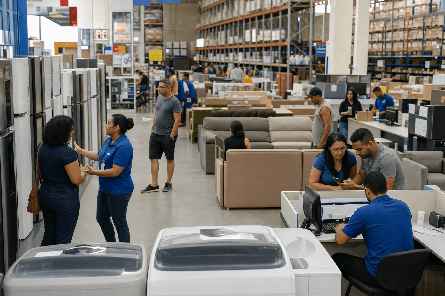 Shoppers and staff inside a large home appliance and furniture retail store