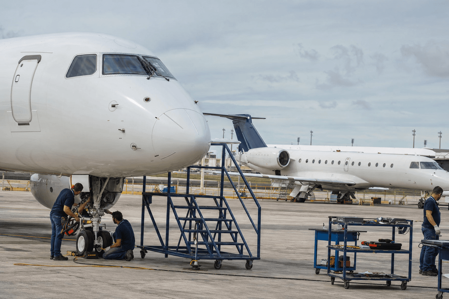 Aircraft maintenance crew inspecting a regional jet on a manufacturer's flight line
