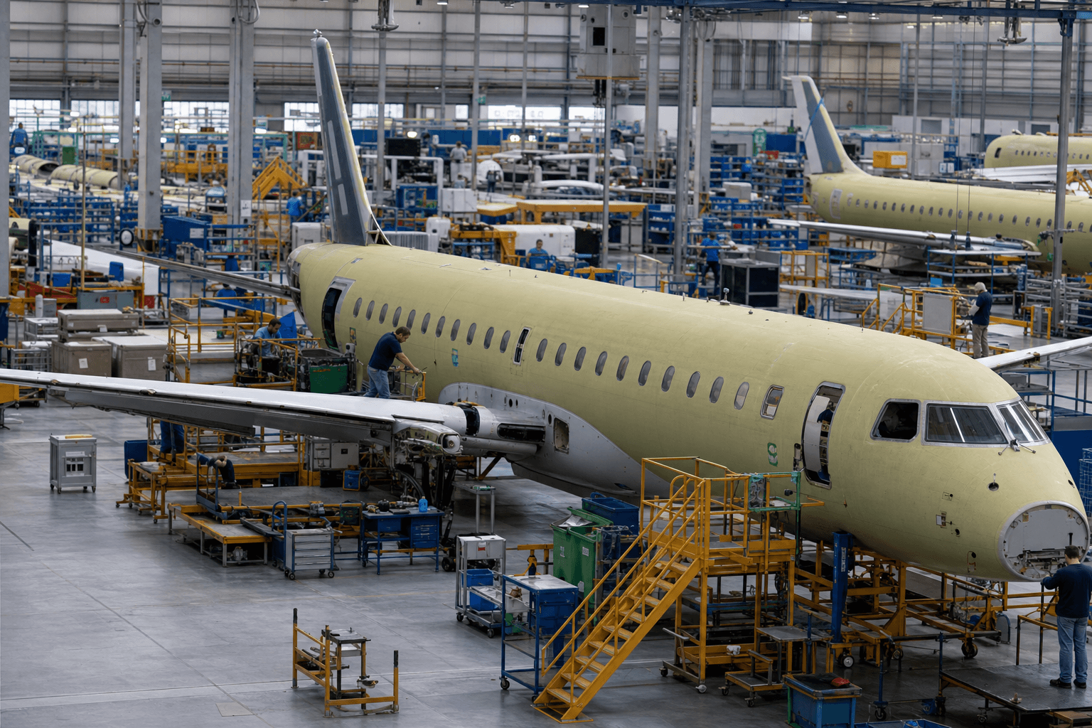 Aircraft under assembly inside a Brazilian aviation manufacturing facility