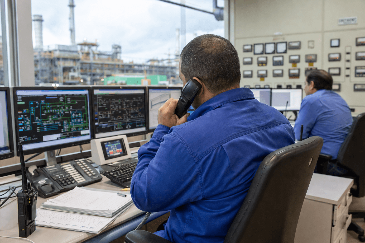 Operators monitoring systems inside a thermoelectric power plant control room