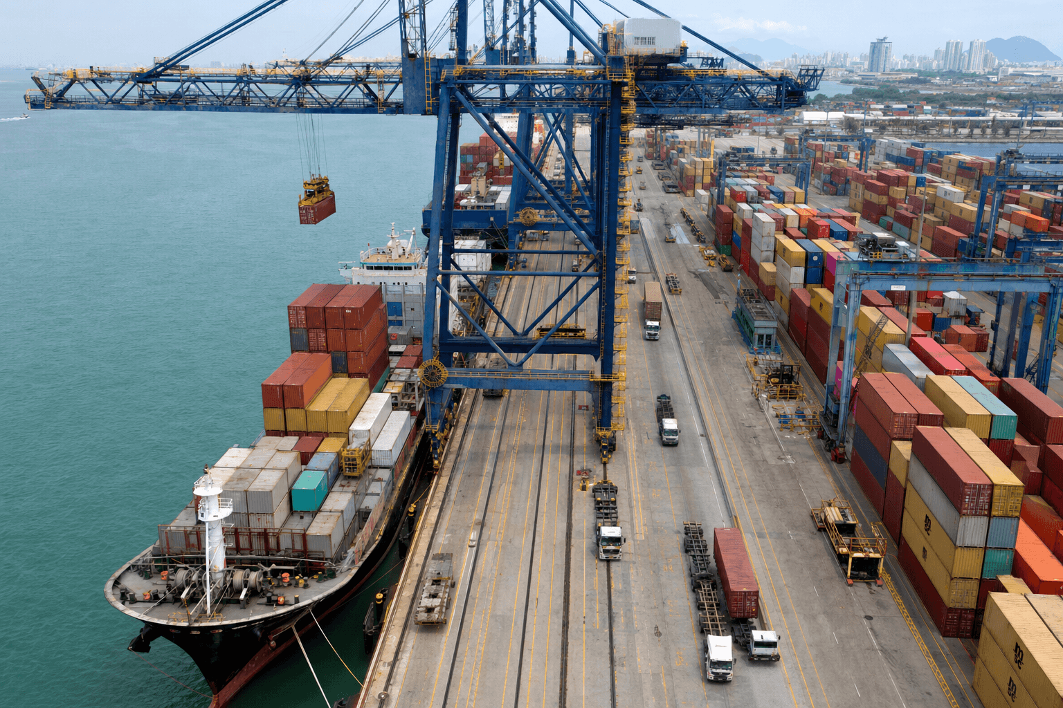 Container cranes and stacked containers at a Brazilian port terminal