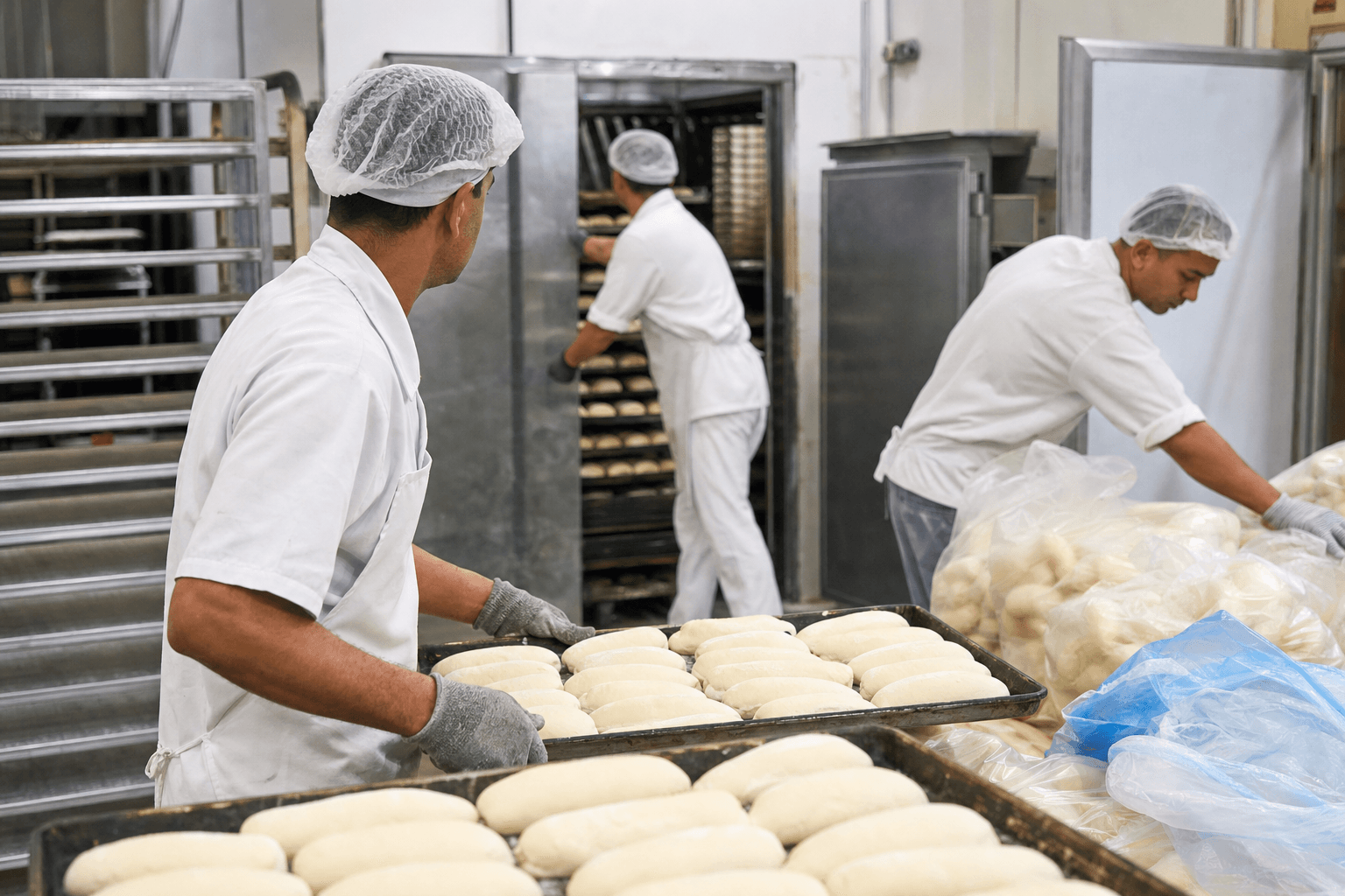 Bakery worker handling trays of frozen bread rolls in a food production area