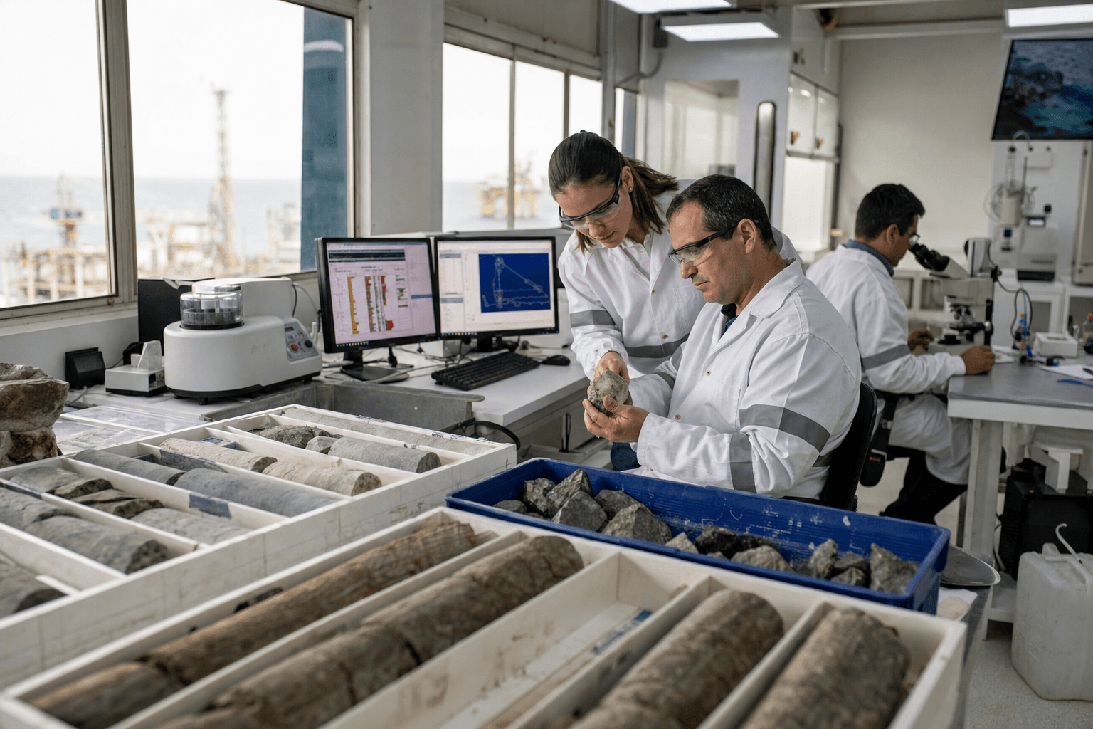 Geologists examining offshore oil rock samples in a laboratory