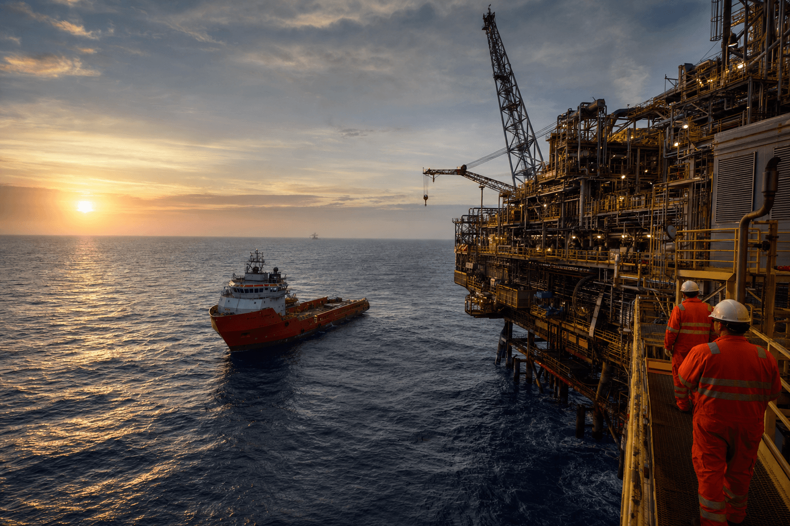 Offshore oil production platform operating in Brazilian waters at sunrise