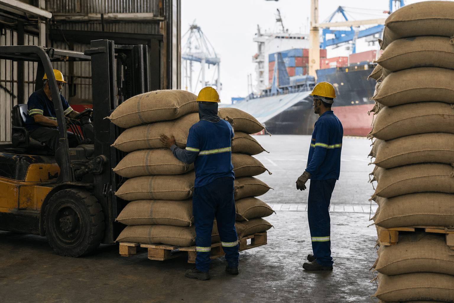 Workers handling export coffee sacks in a Brazilian port warehouse