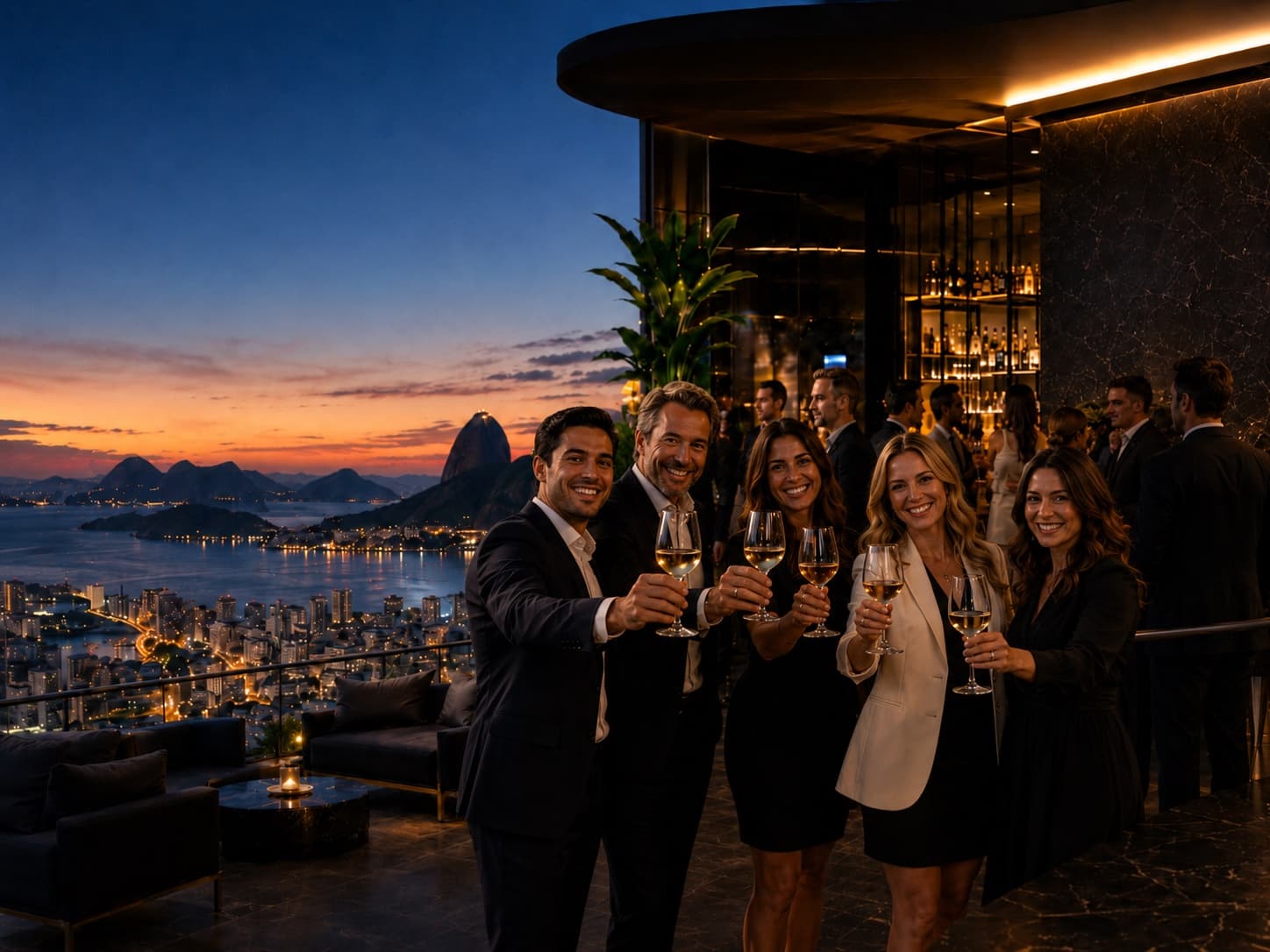 Brazil Business Club members raising a toast at a rooftop bar overlooking Rio de Janeiro at sunset, with Sugarloaf Mountain in the background