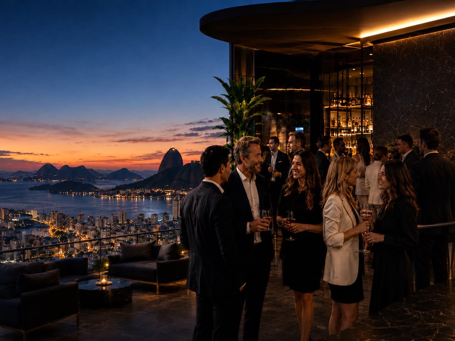 Members of Brazil Business Club networking at a rooftop event overlooking Rio de Janeiro at sunset, with Sugarloaf Mountain in the distance